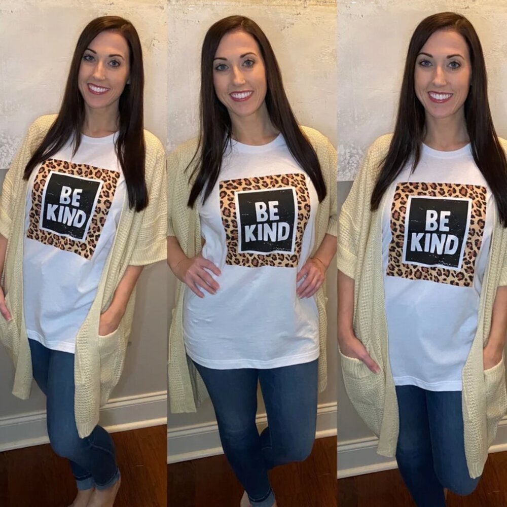 Bella Canvas - Be Kind Leopard Graphic Crew Neck Softstyle Tee - Size Medium